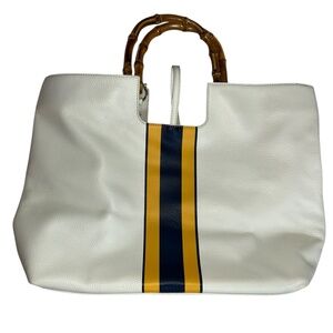 J. McLaughlin white leather bamboo handles stripes tote hand bag purse NEW